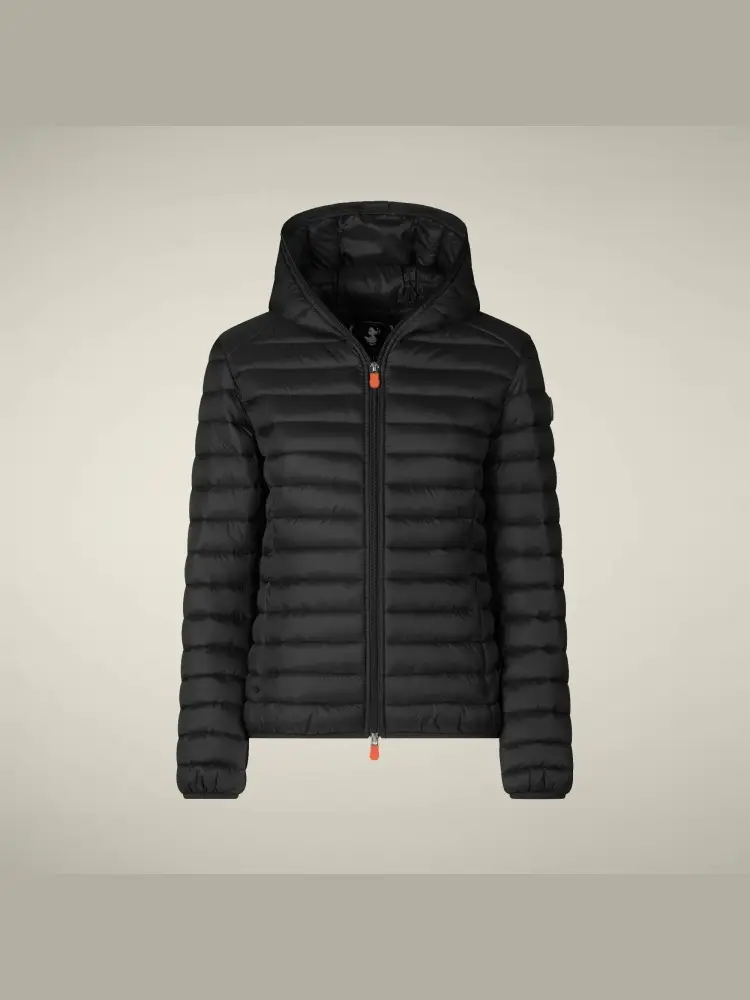 giubbotto nero donna con cappuccio logo sul braccio