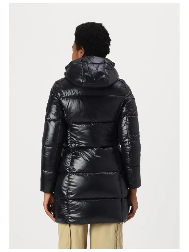 giubbotto nero donna lungo con cappuccio lucido logo sul braccio miniatura 2