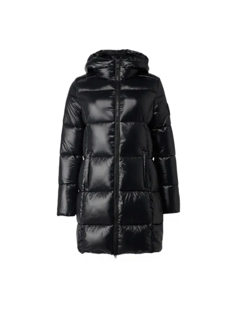 giubbotto nero donna lungo con cappuccio lucido logo sul braccio