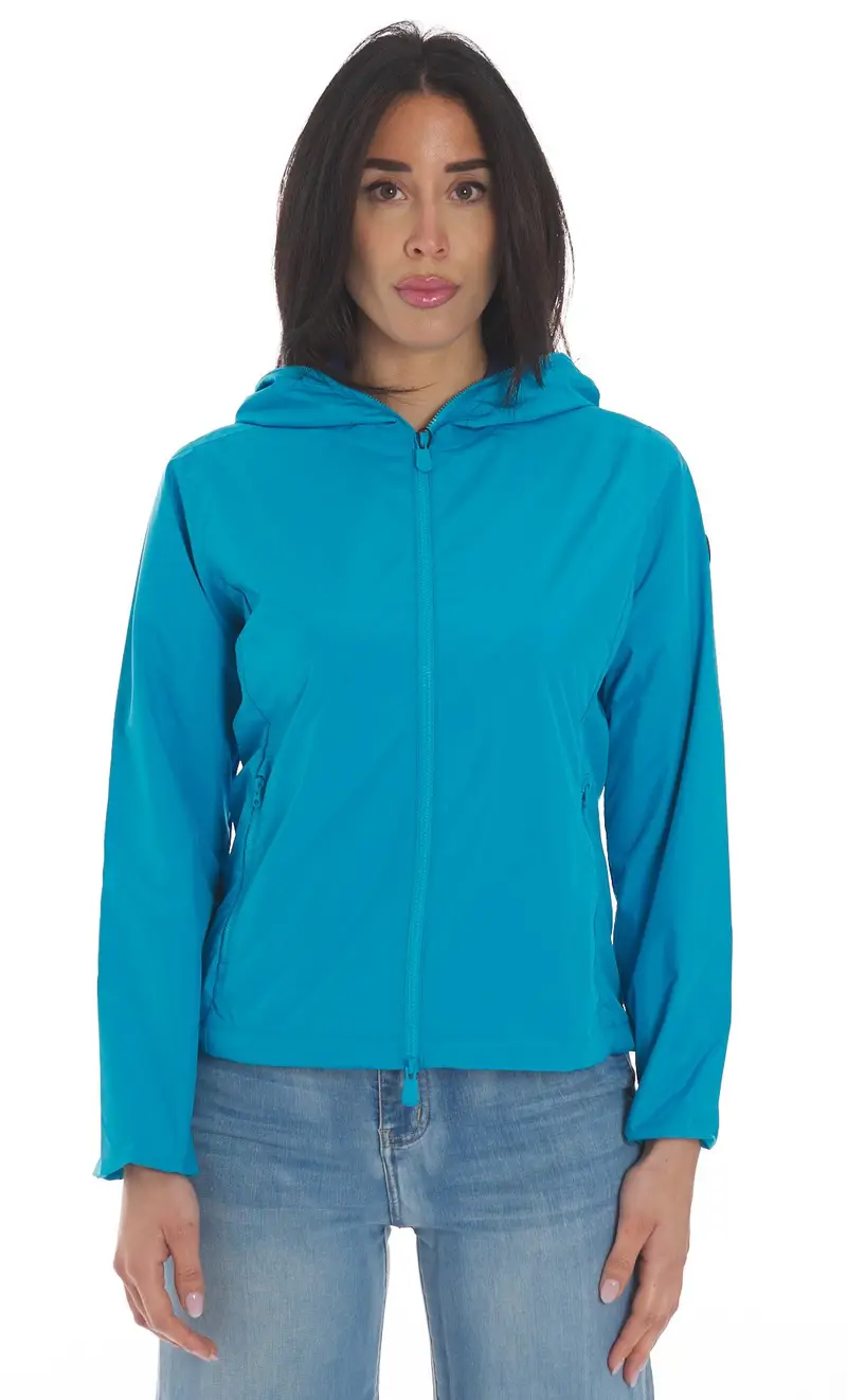 Giubbotto save the duck donna con cappuccio stella, colore azzurro