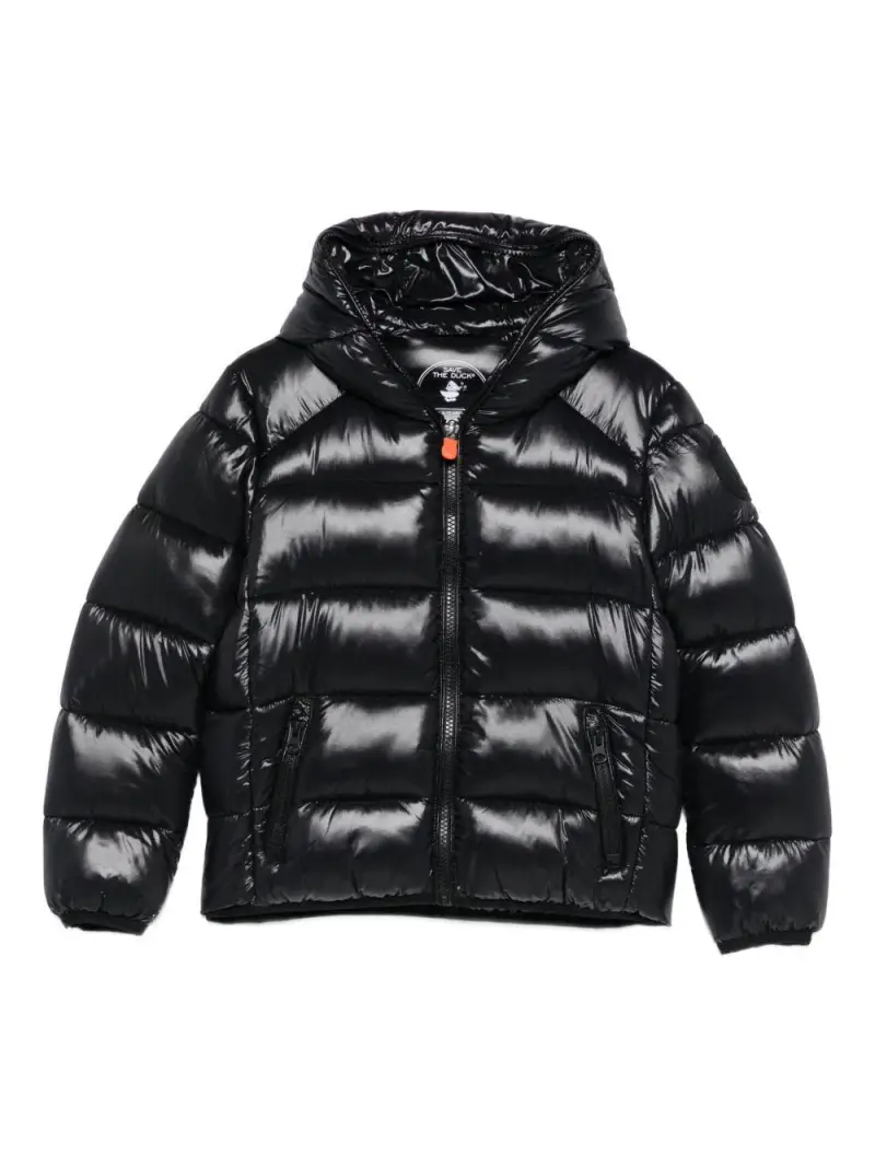 Piumino nero lucido con cappuccio