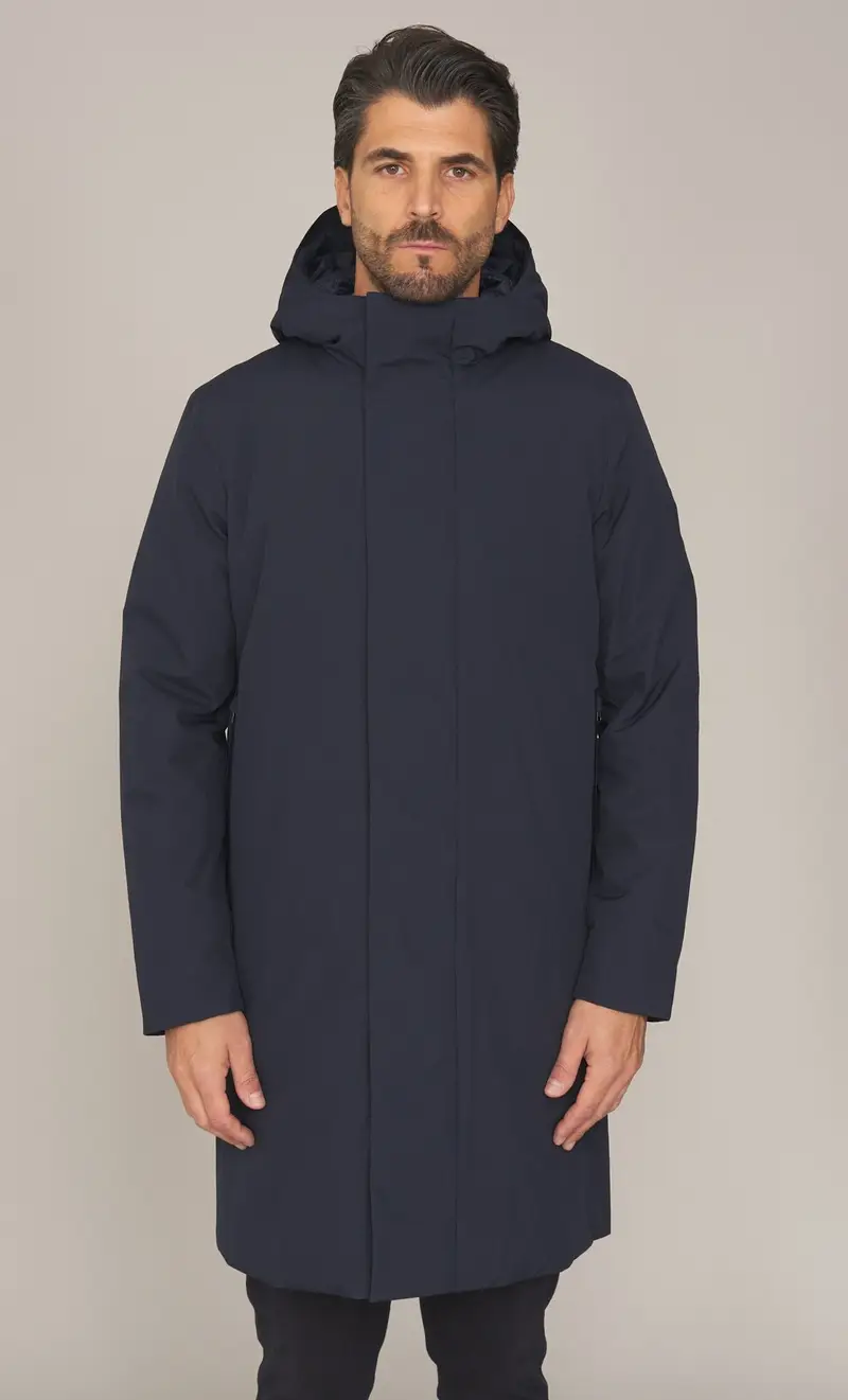 Piumino lungo save the duck con cappuccio - barry, colore blu