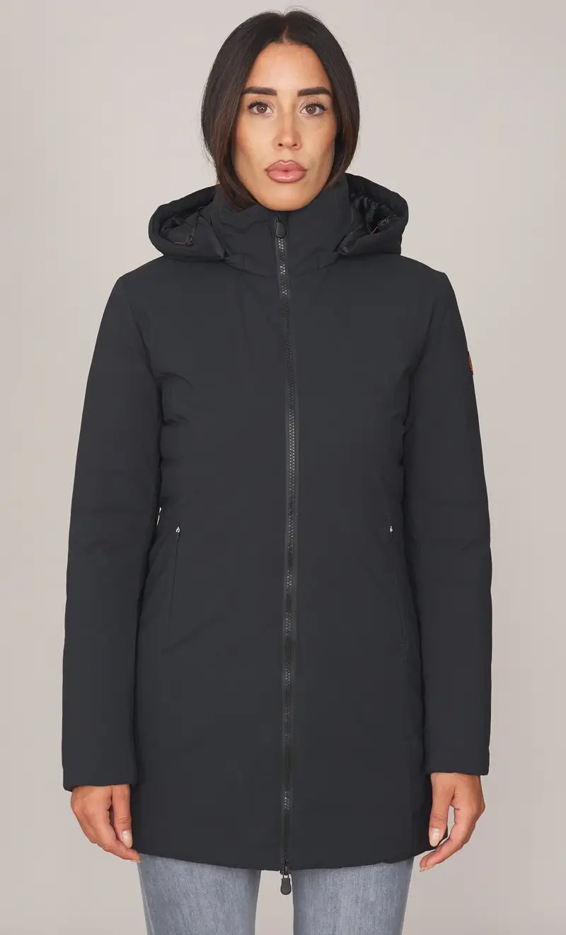 Piumino lungo save the duck con cappuccio rachel, colore nero