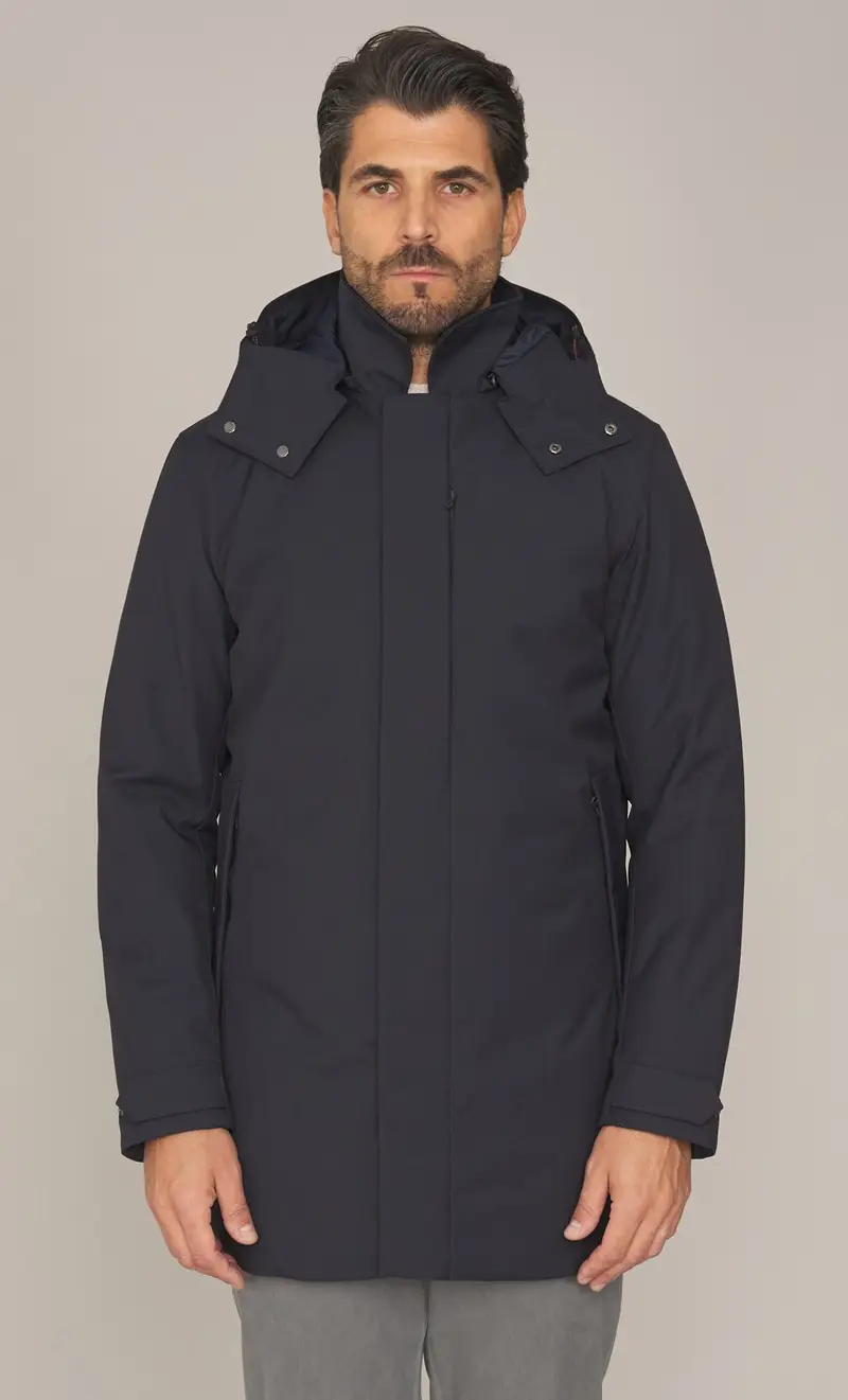 Piumino lungo save the duck con cappuccio staccabile grgio - sid, colore blu