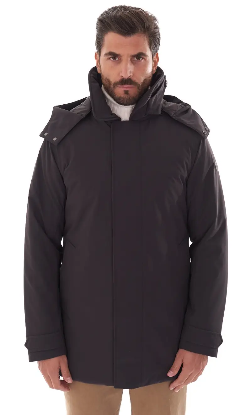 Piumino lungo save the duck con cappuccio staccabile woody moro, colore moro