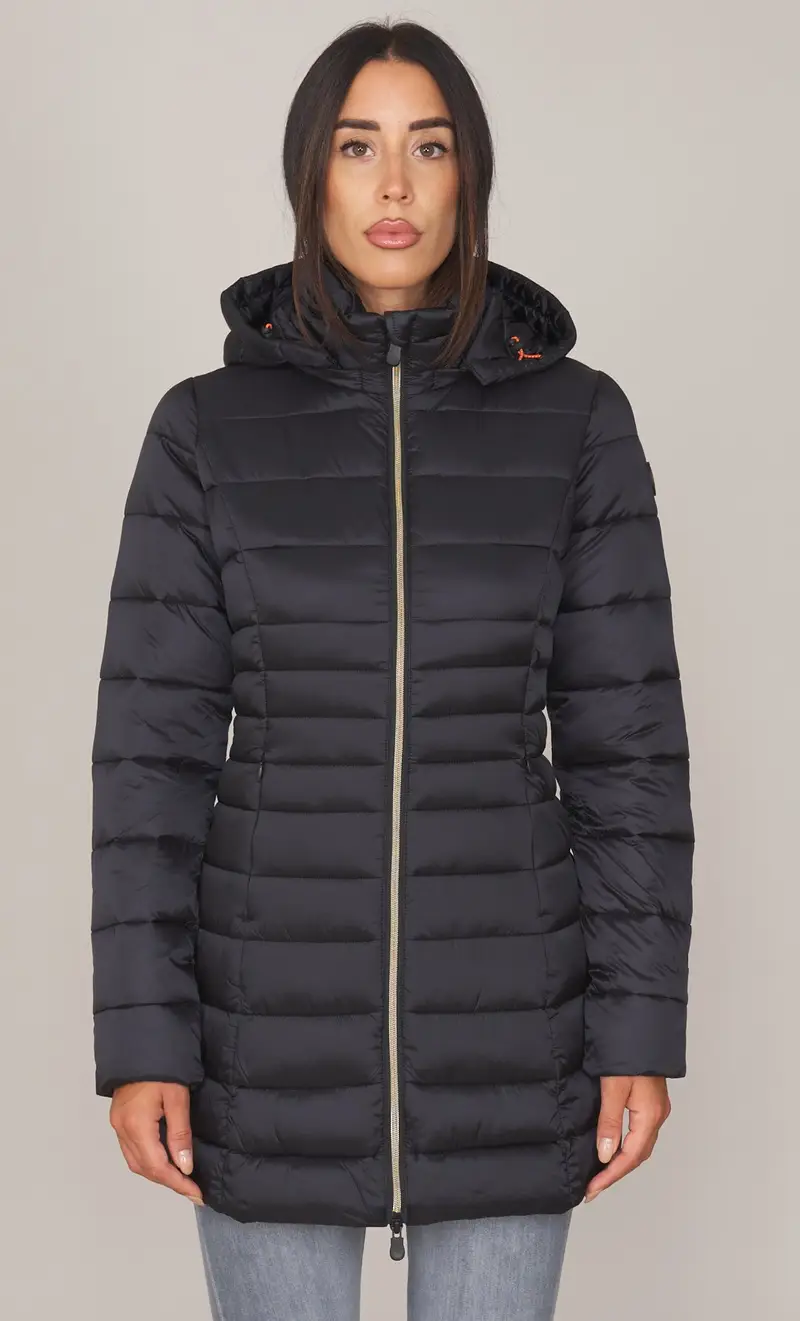 Piumino lungo save the duck trapuntato con cappuccio reese, colore nero