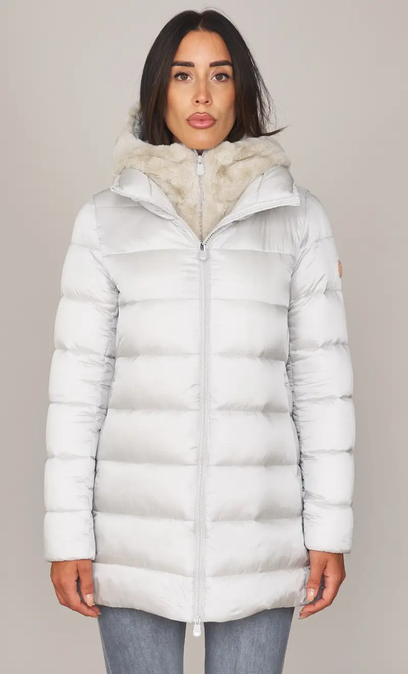 Piumino lungo svasato save the duck con pelliccia ecologica matilda, colore ghiaccio