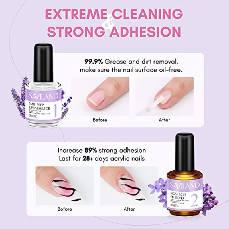 Saviland Kit Monomero Liquido Acrilico - 120ML Liquido Acrilico per Unghie con Disidratatore per Unghie e PH Bond Non miniatura 3