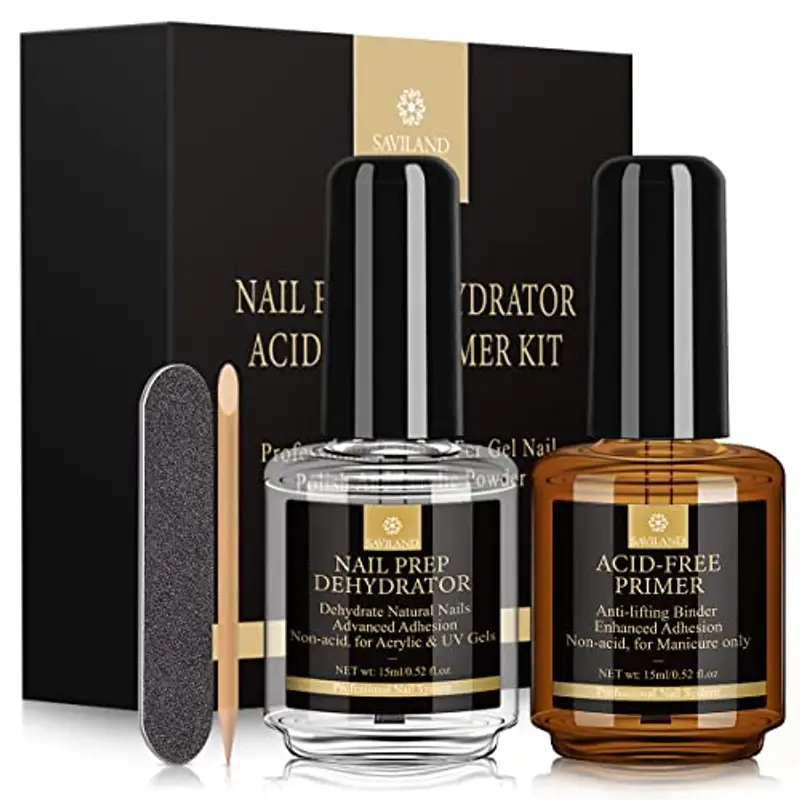 Saviland Nail Prep Primer Unghie,2Pcs*15ML Aria Veloce Asciutto Nail Dehydrator e Acido Free Bonding Primer Lunga Durata Set Professionale Naturale per Acrilico Polvere e Smalto Unghie Gel