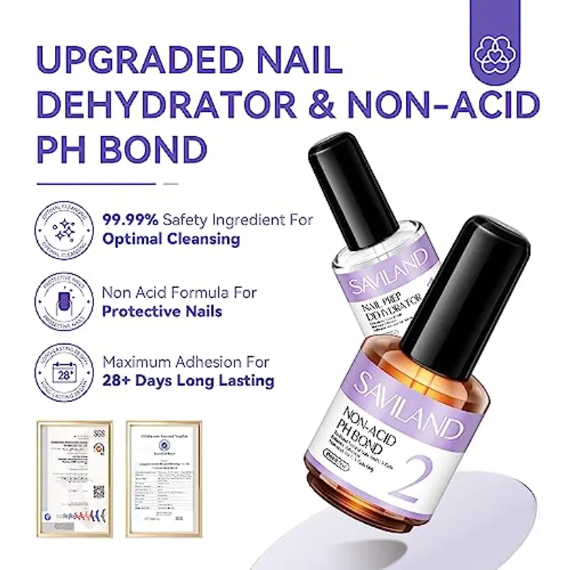 Saviland Nail Prep Primer Unghie Gel, 2pcs 15ml U V LED Primer Unghie e Dehydrator Naturale Nail Prep Unghie, Lunga Durata asciugatura rapida Professionale per Acrilico Polvere e Smalto Unghie Gel miniatura 2