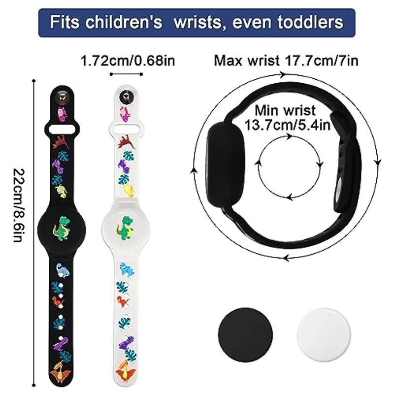 SAVITA 2pz Braccialetto per AirTag, Motivo a Cartoni Animat Dinosauro Braccialetto Bambino Porta per Airtag Braccialetto per Airtag Bambini per Nascondere Il Localizzatore GPS (Nero, Bianco) miniatura 2