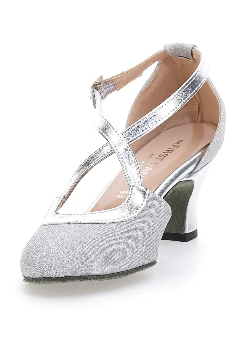 Scarpe da Ballo Platino Con Tacco Basso e Cinturino Incrociato The First Dance 4555 miniatura 3