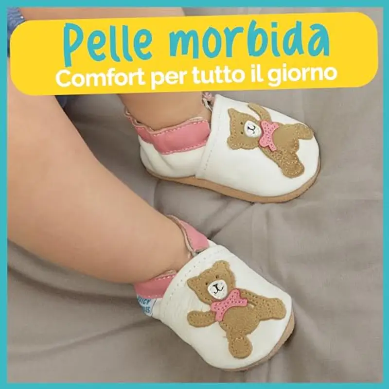 Scarpe Neonata in Morbida Pelle - Scarpe Bimba Primi Passi - Orso Rosa -0 miniatura 2