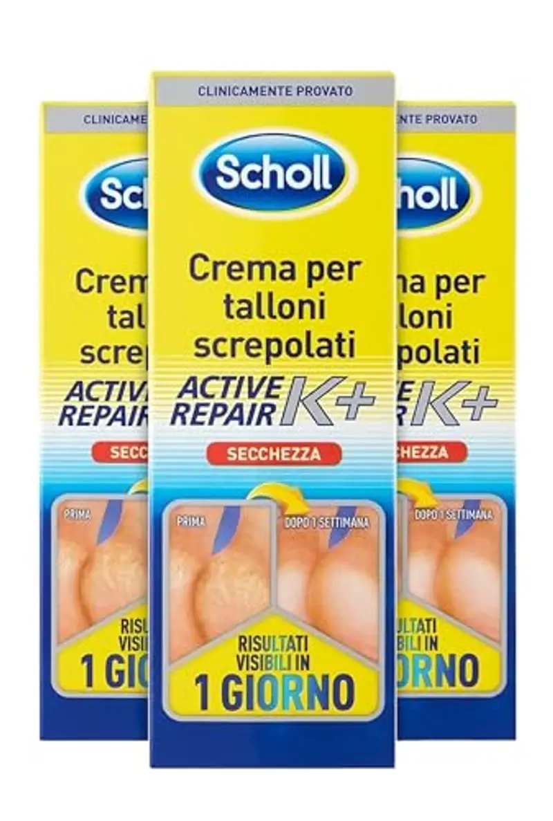 Scholl Crema per Talloni Screpolati Active Repair K+, Crema Idratante per Talloni con Cheratina, Assorbimento Rapido ed Effetto Duraturo, Ideale per Uso Quotidiano, 60ml (Confezione da 3)