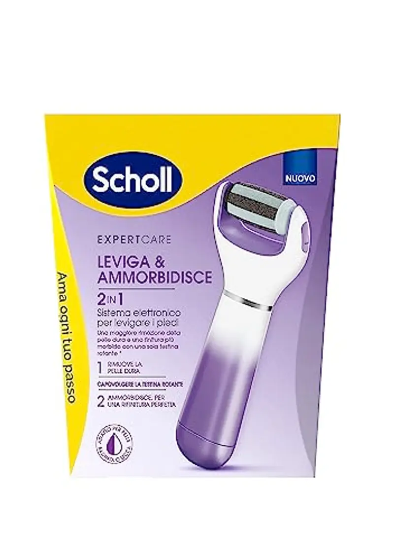 Scholl Velvet 2in1 Leviga e Ammorbidisce, Sistema di Pedicure Elettronico per Levigare i Piedi Testine Interscambiabili a Doppia Azione, Rimuove e Ammorbidisce la Pelle con Calli e Talloni Screpolati
