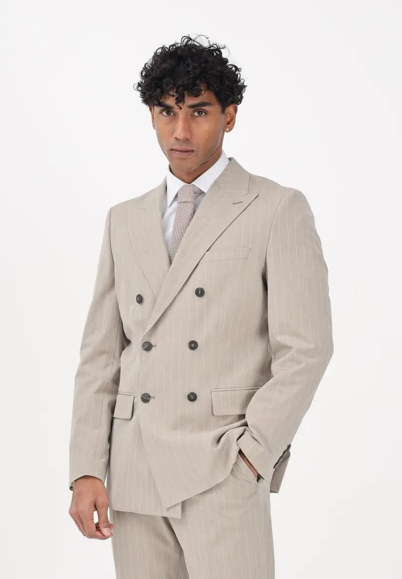 Giacca doppiopetto beige da uomo con motivo gessato miniatura 2