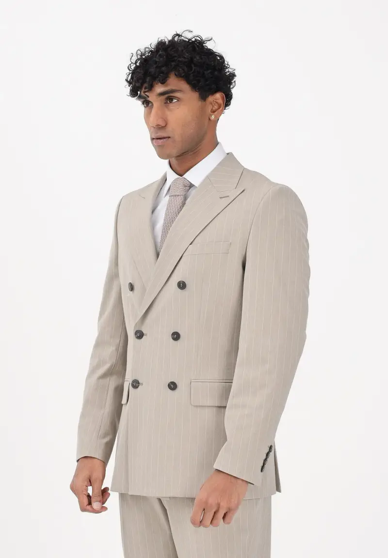 Giacca doppiopetto beige da uomo con motivo gessato