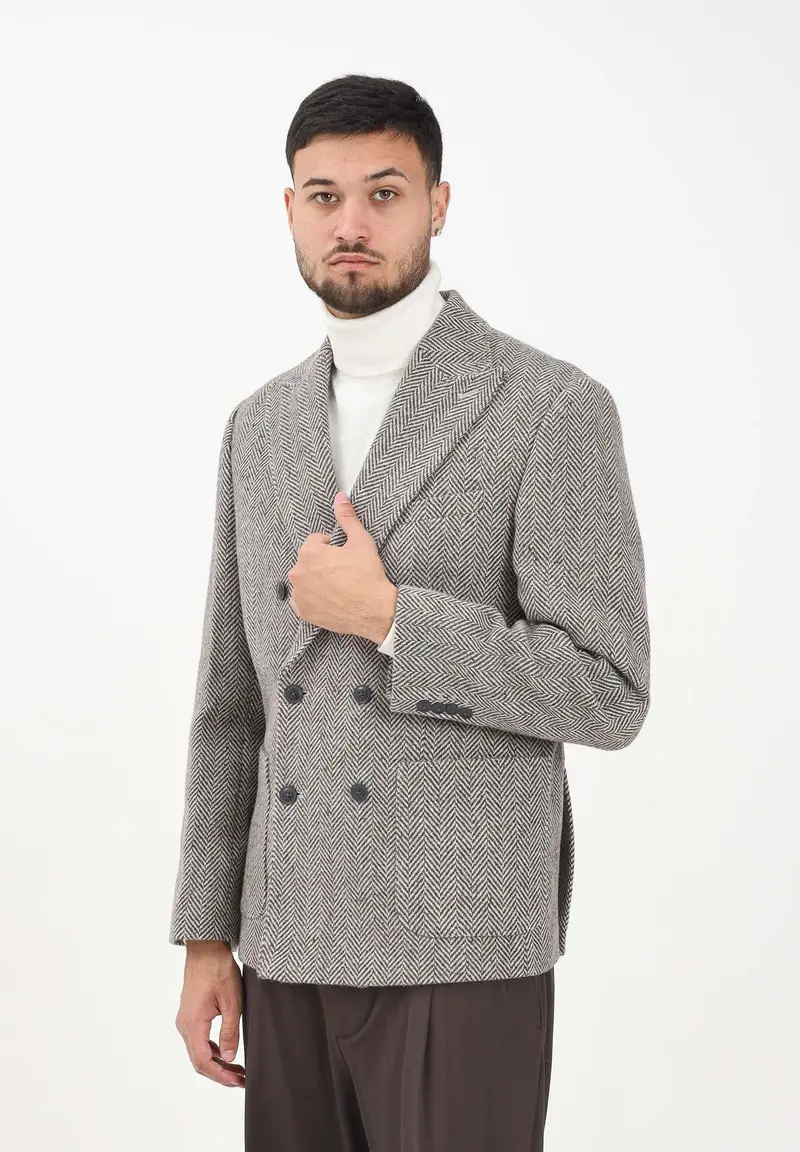 Giacca doppiopetto da uomo realizzata in tessuto con motivo spigato nei toni del marrone e del beige miniatura 2