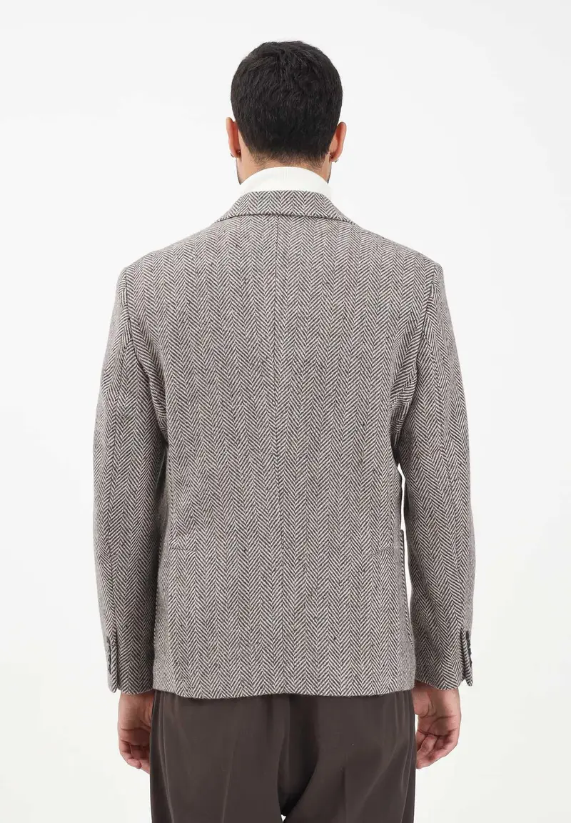 Giacca doppiopetto da uomo realizzata in tessuto con motivo spigato nei toni del marrone e del beige miniatura 3