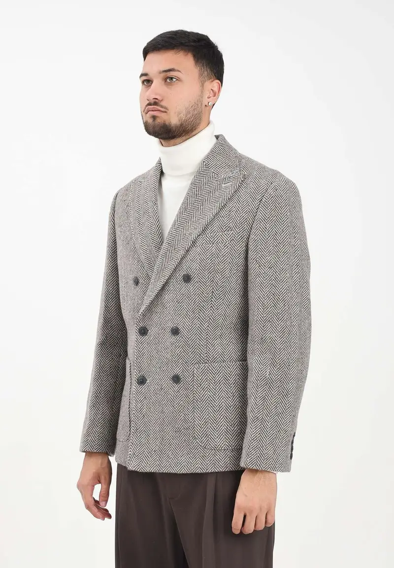 Giacca doppiopetto da uomo realizzata in tessuto con motivo spigato nei toni del marrone e del beige