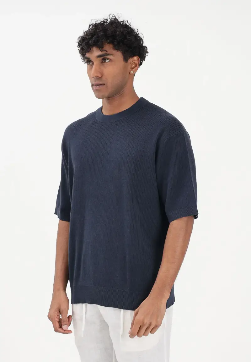 Maglia a manica corta blu da uomo con lavorazione a costine