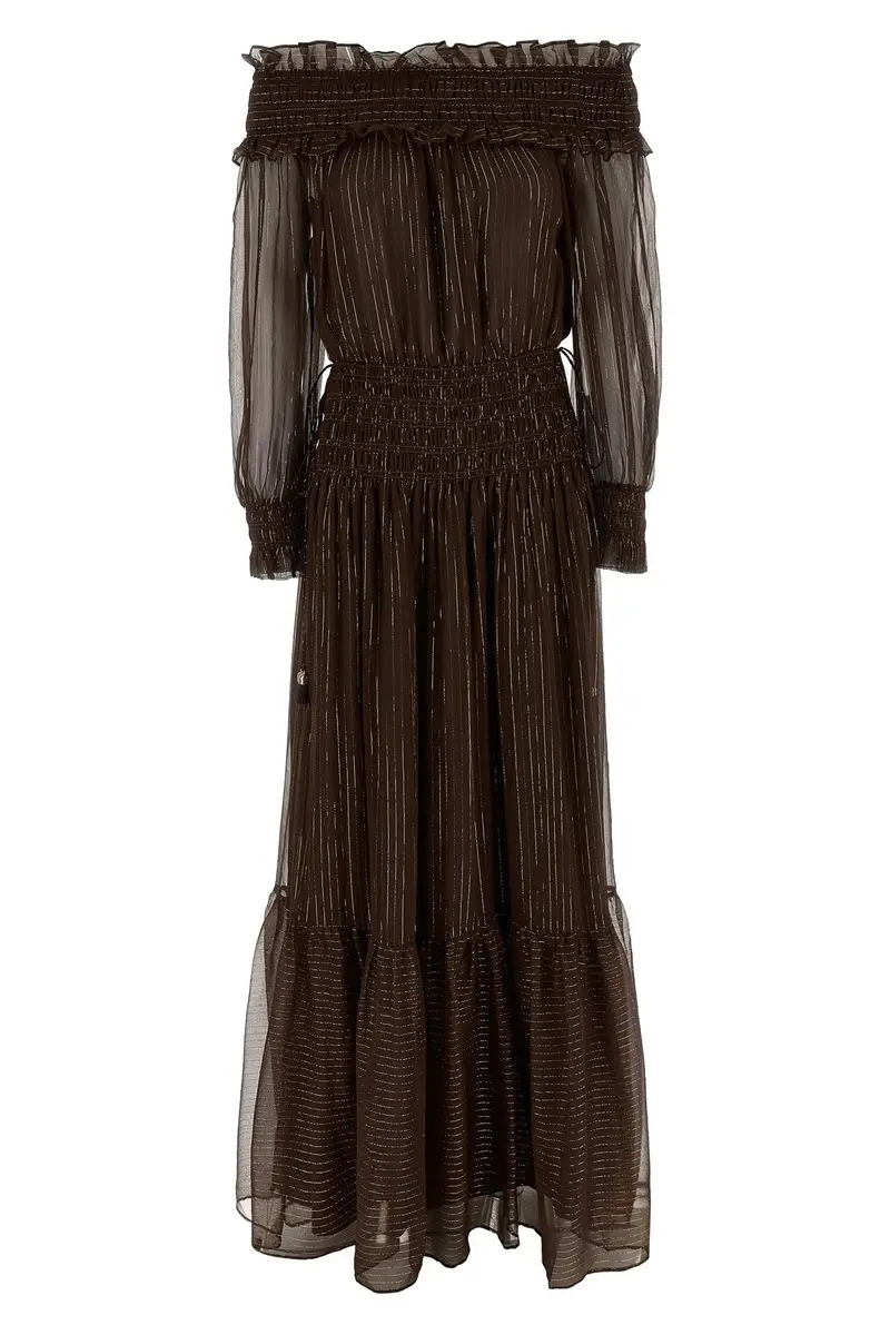 Abito 'Brown Georgette Off Shoulder Maxi' Marrone