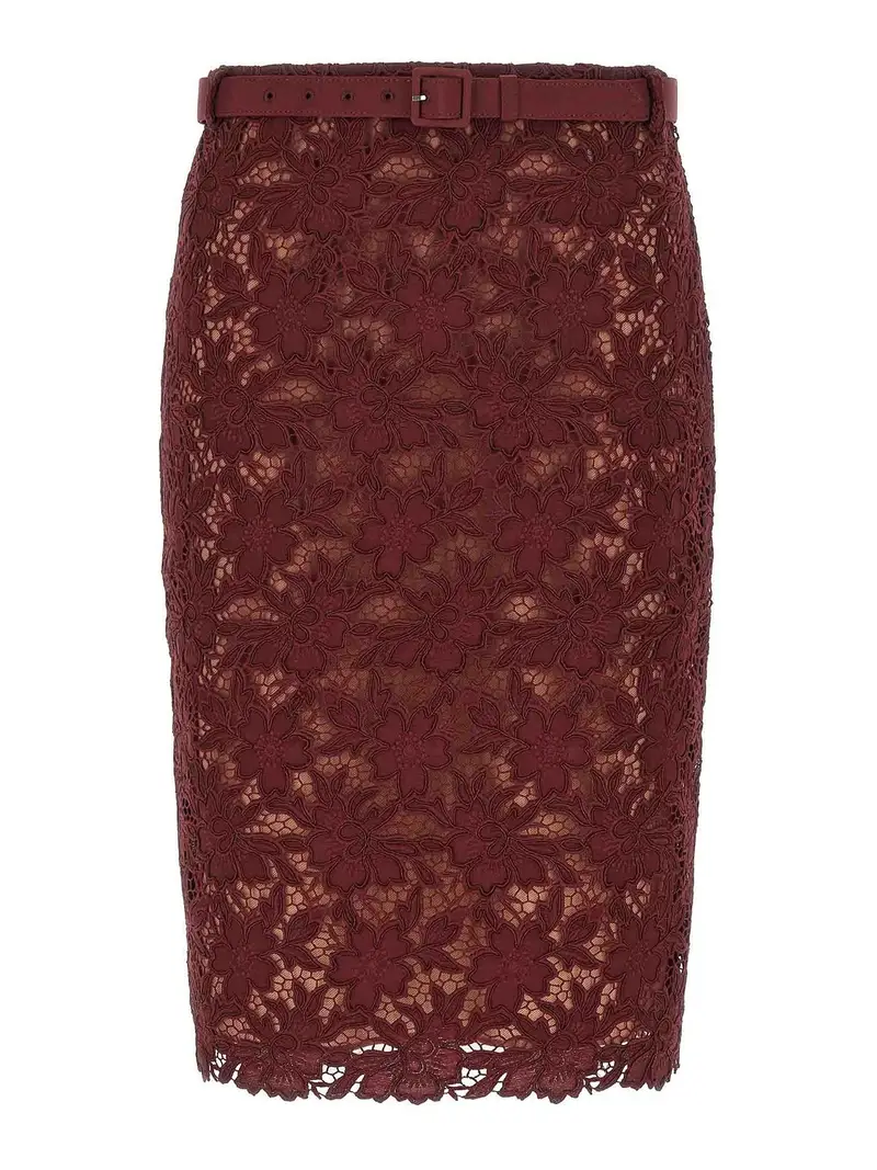 Burgundy Guipure Lace Midi Skirt Rosso Scuro