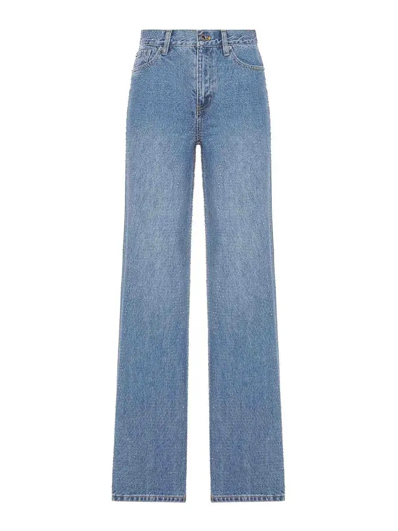Jeans in denim a gamba dritta con strass Blu