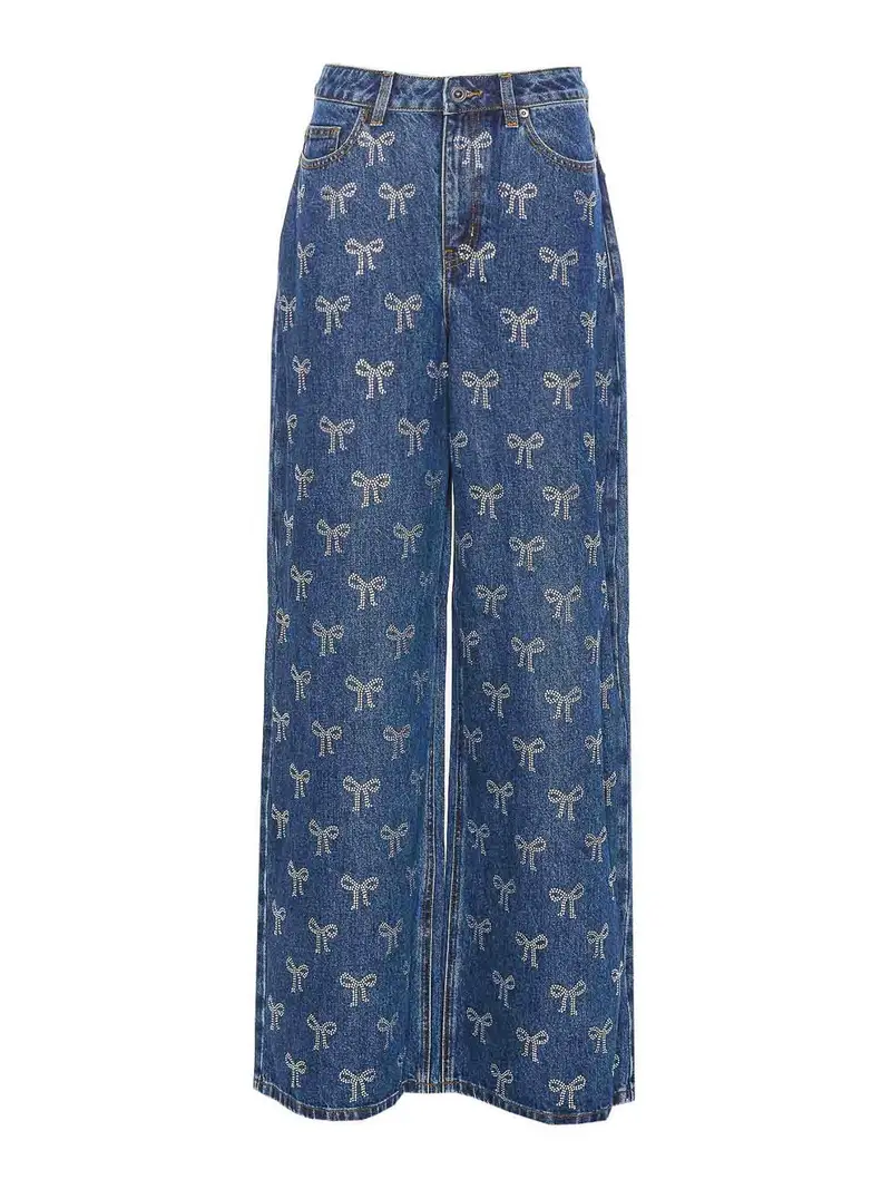 Jeans in denim con fiocco in strass Blu