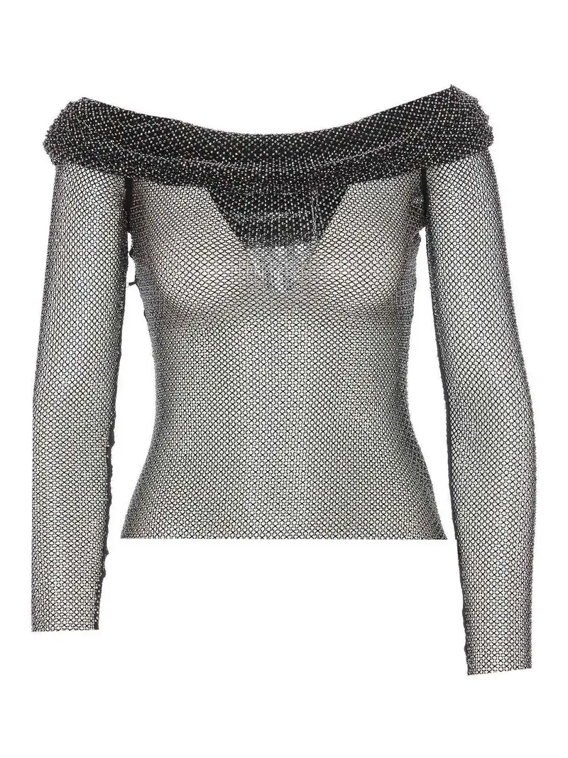 Top a rete con strass Nero