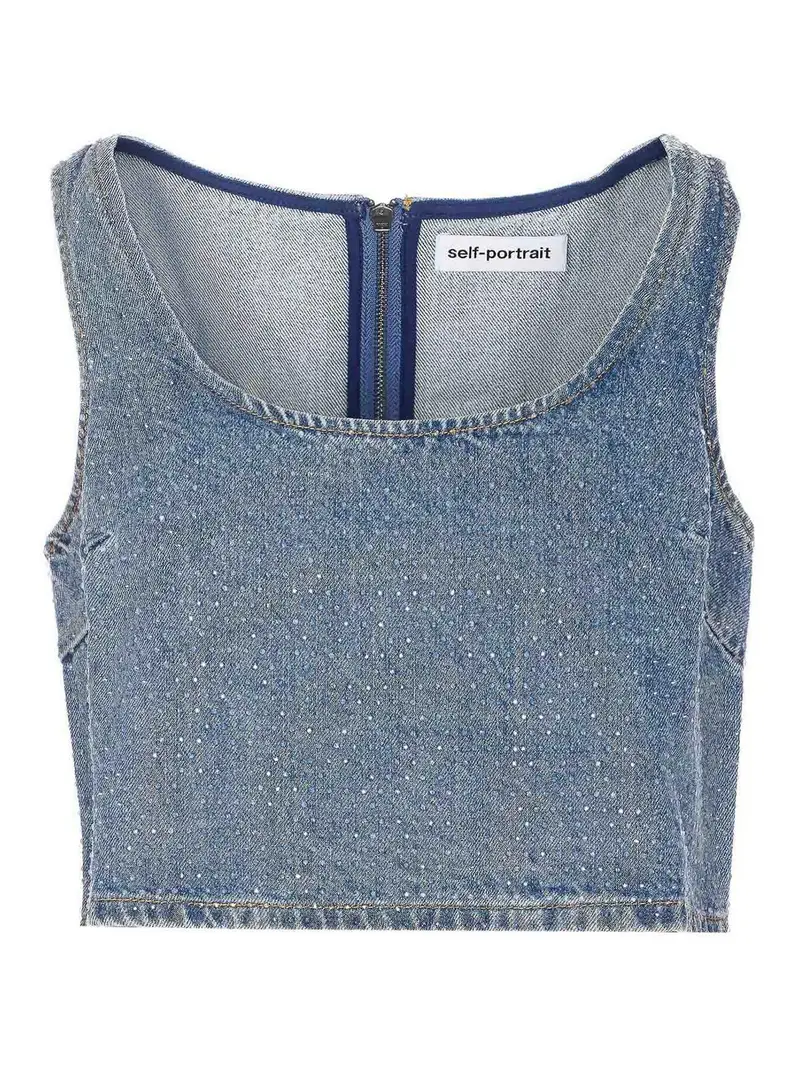 Top corto in denim con strass Blu