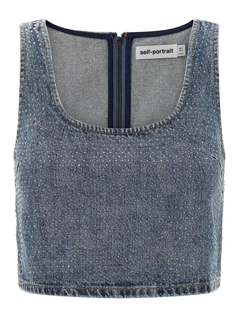 Top corto in denim con strass Blu