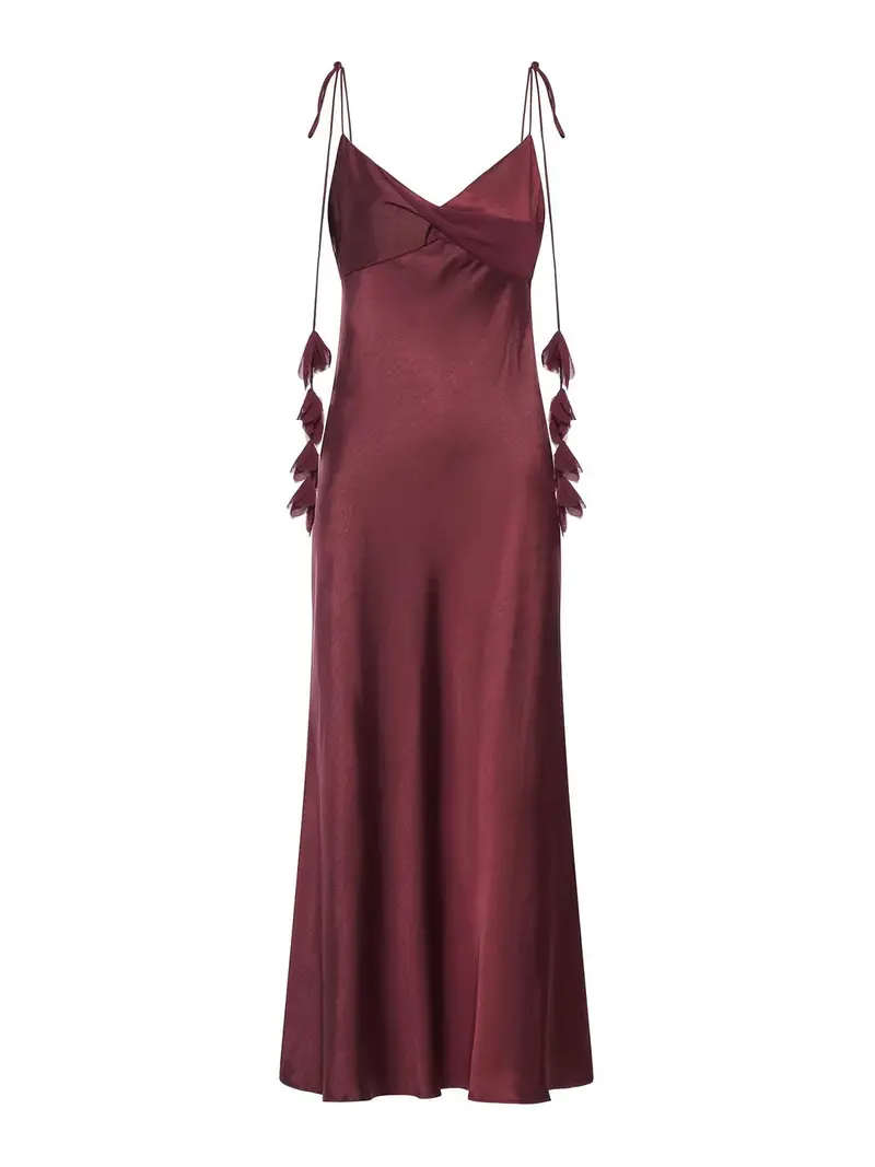 Vestito midi in raso bordeaux con fiori Rosso