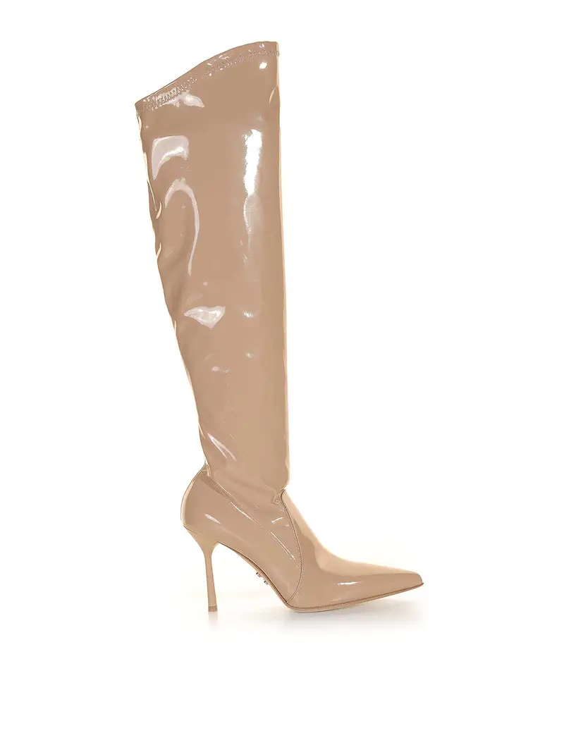 Stivale In Pelle Lucida Elasticizzata Beige