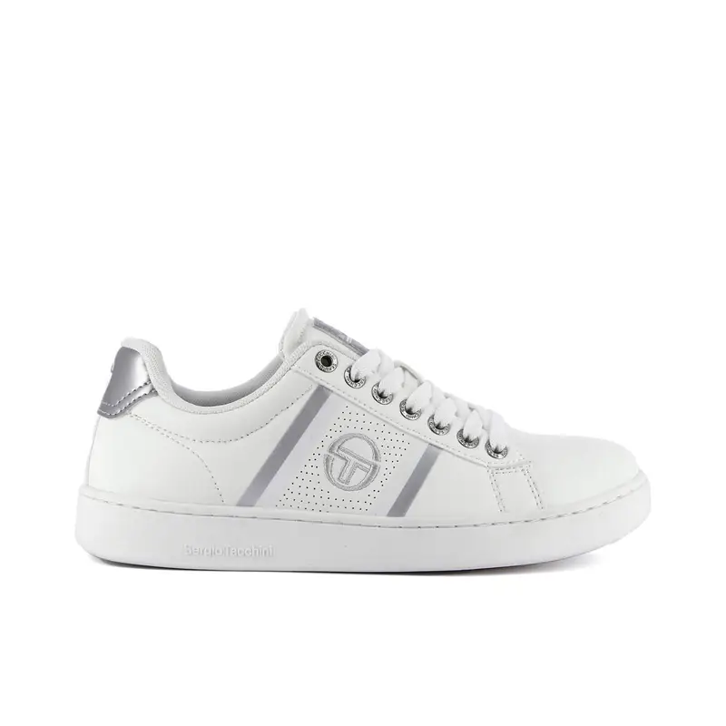 Sneakers donna bianche da tennis con logo e dettagli argentati