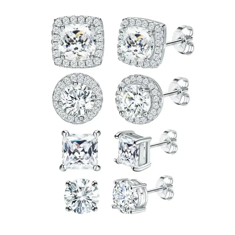 Set 4 Paia Orecchini Argento 925 Placcati Oro 14k, Ipoallergenici, Grandi Orecchini Rotondi e Quadrati Zirconi 6-10mm per Donne e Uomini, Unisex