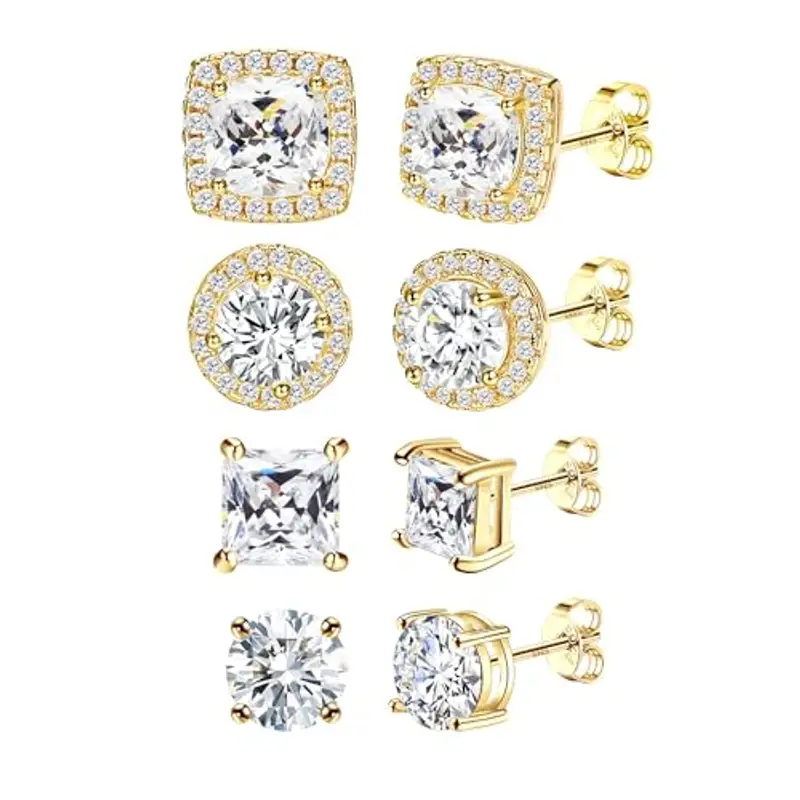 Set 4 Paia Orecchini Argento 925 Placcati Oro 14k, Ipoallergenici, Grandi Orecchini Rotondi e Quadrati Zirconi 6-10mm