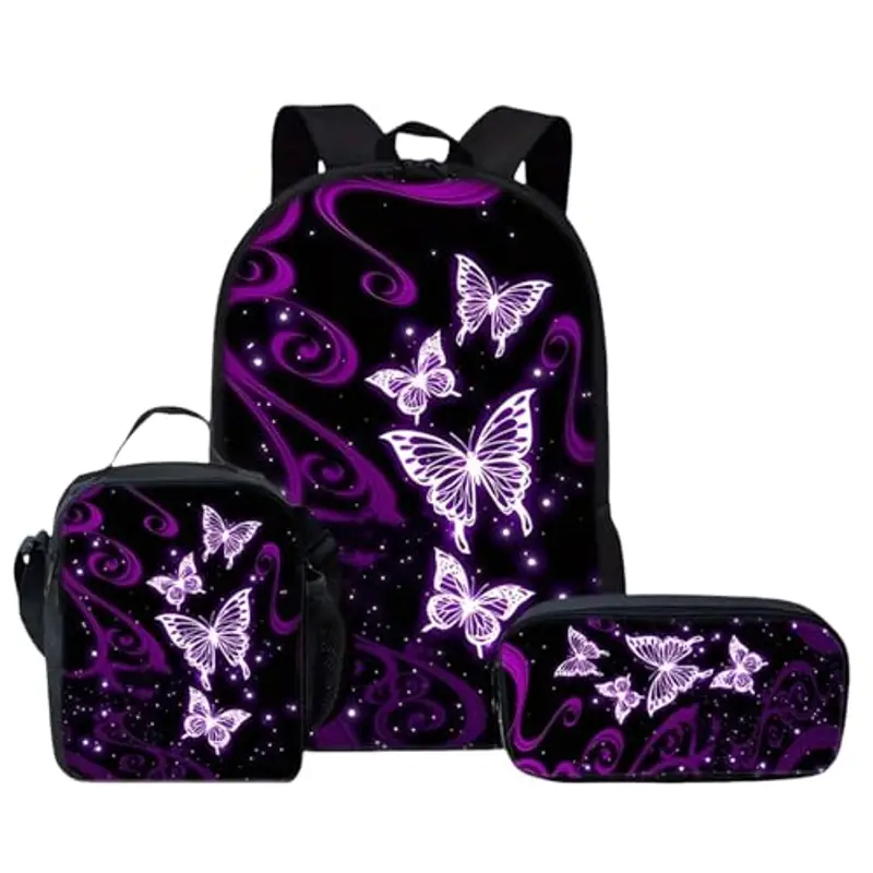 Set da 3 pezzi, zaino per la scuola con farfalle, zaino per ragazze con borsa per il pranzo e astuccio, zaino leggero da 43 cm, per scuola primaria/secondaria, Viola, 45