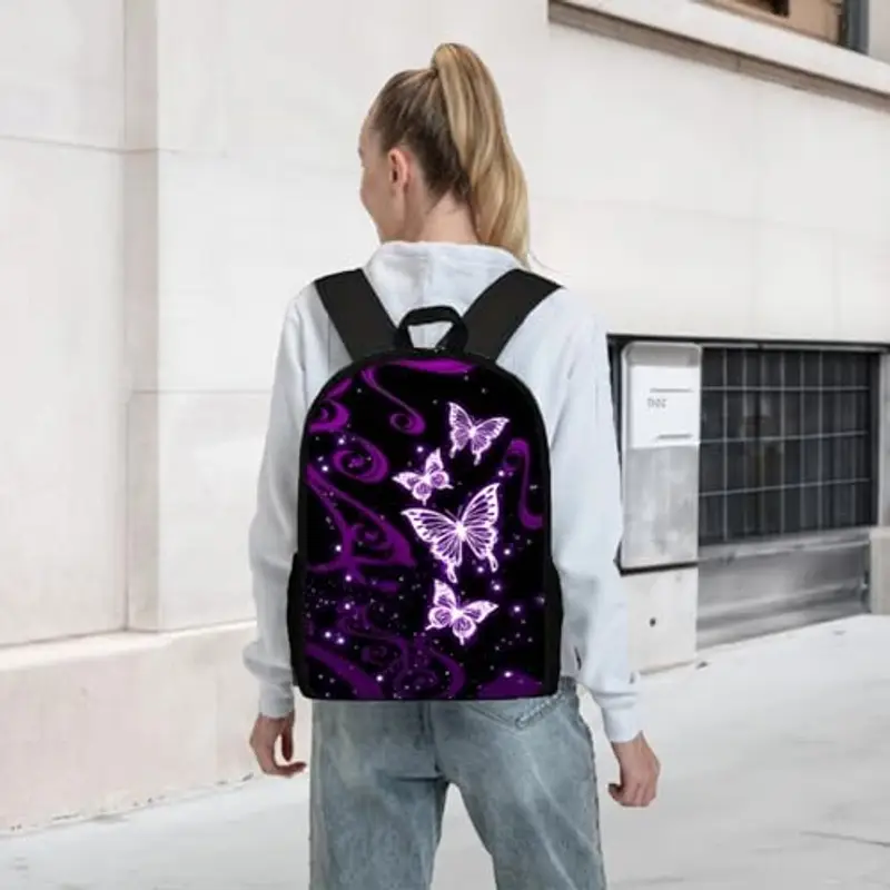 Set da 3 pezzi, zaino per la scuola con farfalle, zaino per ragazze con borsa per il pranzo e astuccio, zaino leggero da 43 cm, per scuola primaria/secondaria, Viola, 45 miniatura 2