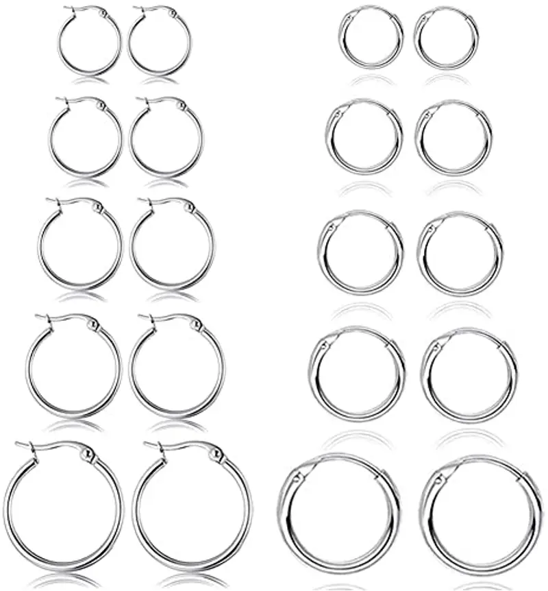 Set di 10 paia di orecchini rotondi a cerchio, per donne e uomini, ragazze, leggeri, in acciaio inox, per cartilagine, senza fine, ipoallergenici, 8-16 mm