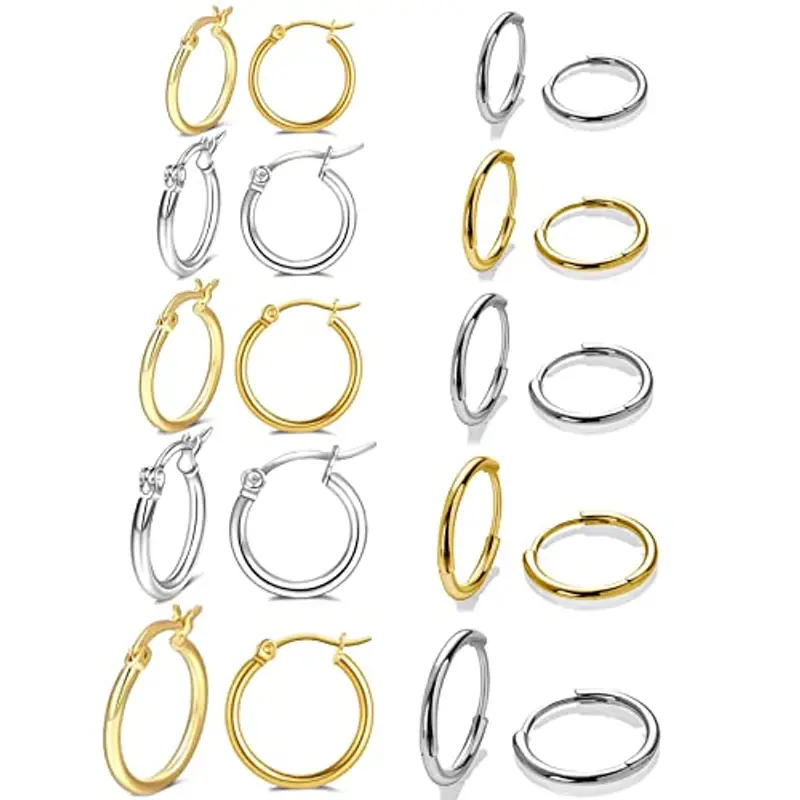 Set di 10 paia di orecchini rotondi a cerchio, per donne e uomini, ragazze, leggeri, in acciaio inox, per cartilagine, senza fine, ipoallergenici, 8-16 mm