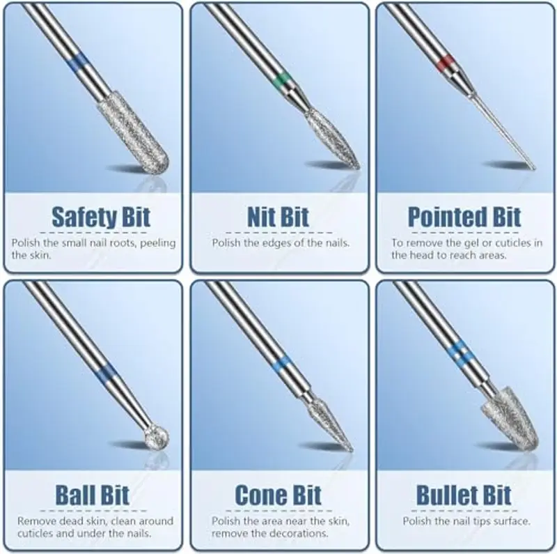 Set di 13 punte da trapano per unghie, 3 punte in carburo di tungsteno, 3 punte da trapano in ceramica, 6 punte per trapano diamantate, 1 pennello, punte da trapano da 3/32 per manicure pedicure miniatura 2