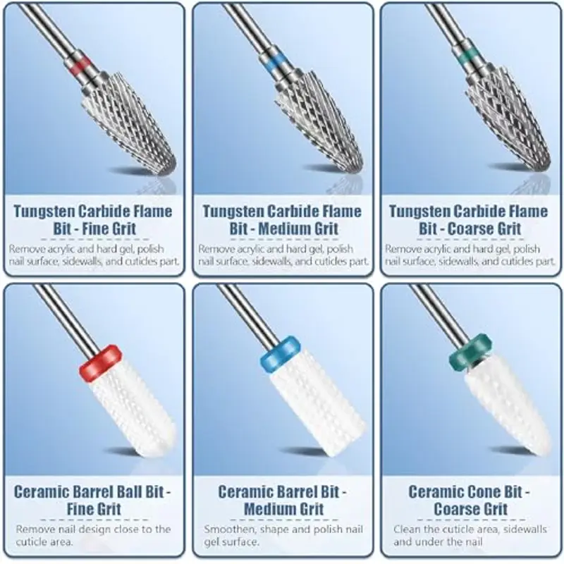 Set di 13 punte da trapano per unghie, 3 punte in carburo di tungsteno, 3 punte da trapano in ceramica, 6 punte per trapano diamantate, 1 pennello, punte da trapano da 3/32 per manicure pedicure miniatura 3