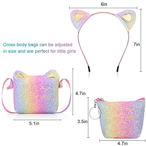 Set di 3 Borse a Tracolla di Gatti, Borse a Mano Carini con Mini Borsetta Fascia per Capelli per Ragazza Giornata dei miniatura 2