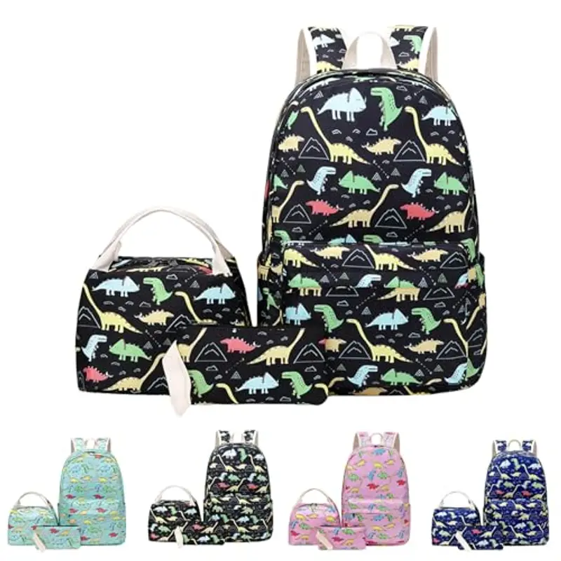 Set di 3 zaini per la scuola con dinosauri, per ragazzi e ragazze, con portapranzo e astuccio, zaino leggero da 43 cm, per scuola primaria/secondaria, Nero , 45
