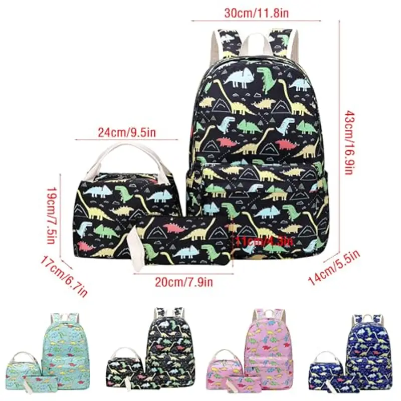 Set di 3 zaini per la scuola con dinosauri, per ragazzi e ragazze, con portapranzo e astuccio, zaino leggero da 43 cm, per scuola primaria/secondaria, Nero, 45 miniatura 2