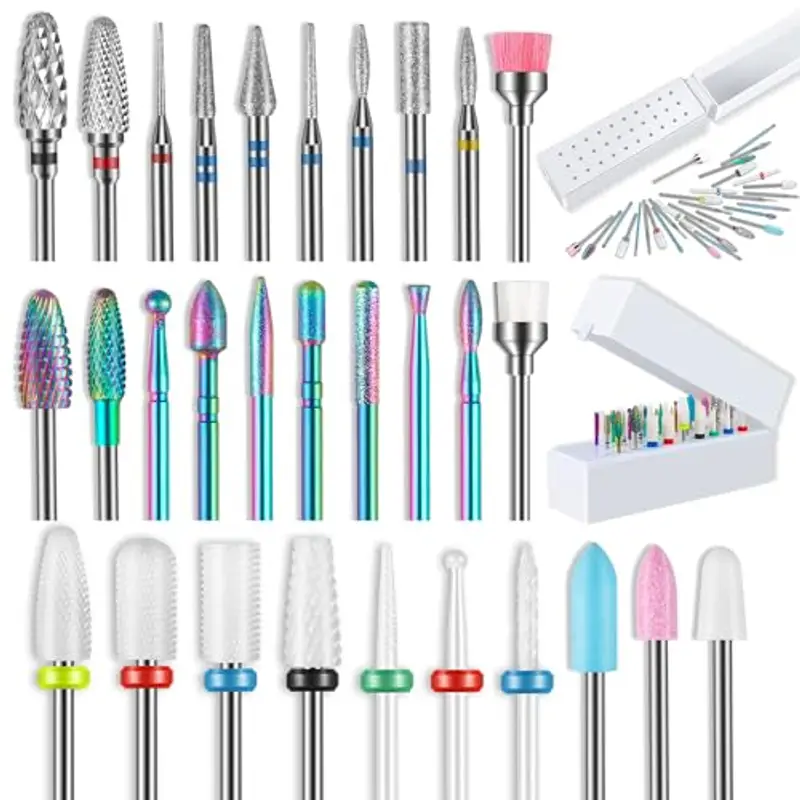 Set di 30 punte per fresa unghie con supporto a 30 fori, 12 punte in carburo da 3/32 pollici, 7 punte diamantate per unghie, 7 punte per unghie in ceramica, 2 punte fresa unghie quarzo per unghie