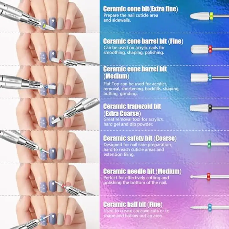Set di 30 punte per fresa unghie con supporto a 30 fori, 12 punte in carburo da 3/32 pollici, 7 punte diamantate per unghie, 7 punte per unghie in ceramica, 2 punte fresa unghie quarzo per unghie miniatura 2