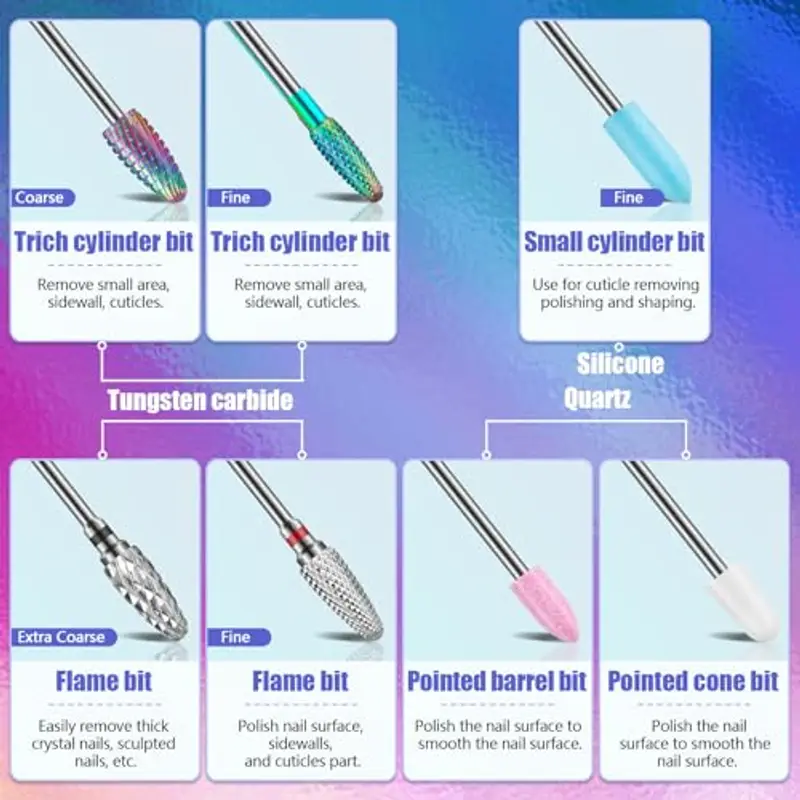 Set di 30 punte per fresa unghie con supporto a 30 fori, 12 punte in carburo da 3/32 pollici, 7 punte diamantate per unghie, 7 punte per unghie in ceramica, 2 punte fresa unghie quarzo per unghie miniatura 3