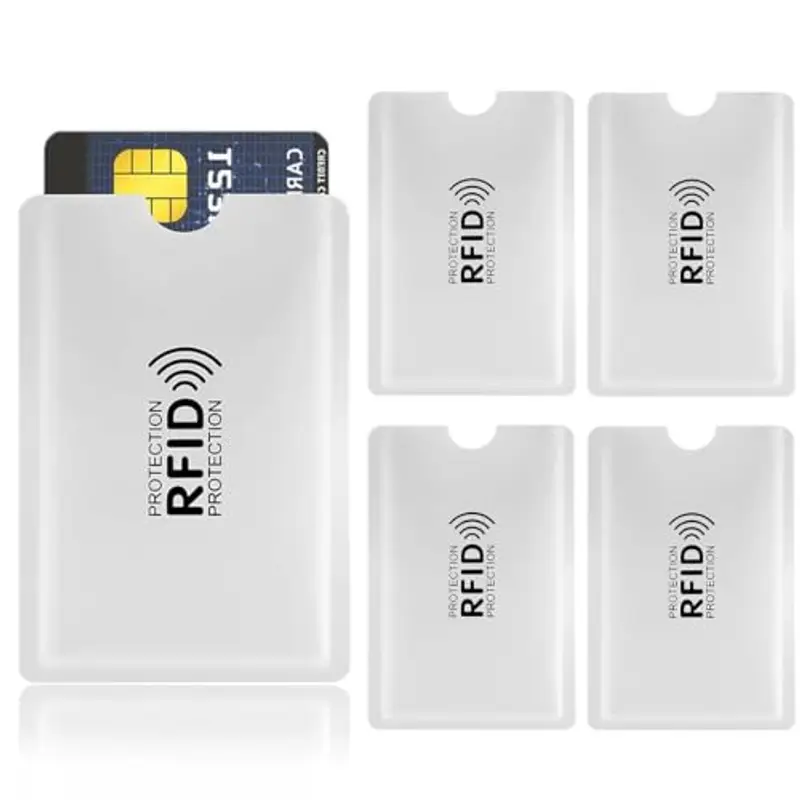 Set di 5 Custodie Blocco RFID per protezione carte di credito. Antifurto con schermatura RFID per carte contactless. Porta bancomat schermato e sicuro grazie alla protezione anti-RFID.